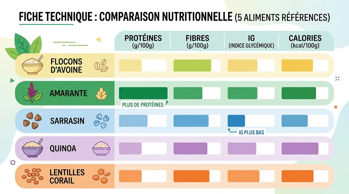 Tableau comparatif nutritionnel flocons avoine amarante sarrasin millet proteines fibres IG