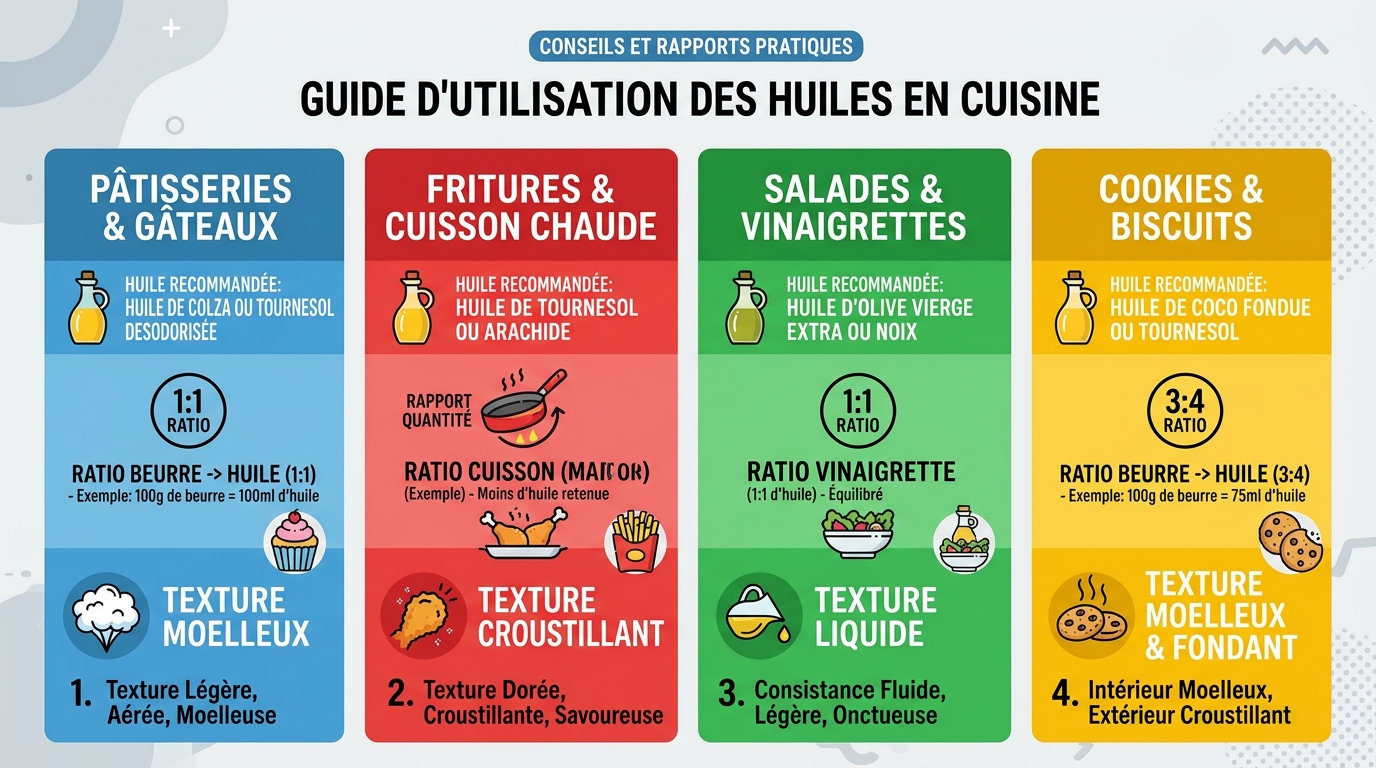 Tableau infographique des ratios de substitution de l'huile de coco selon les recettes