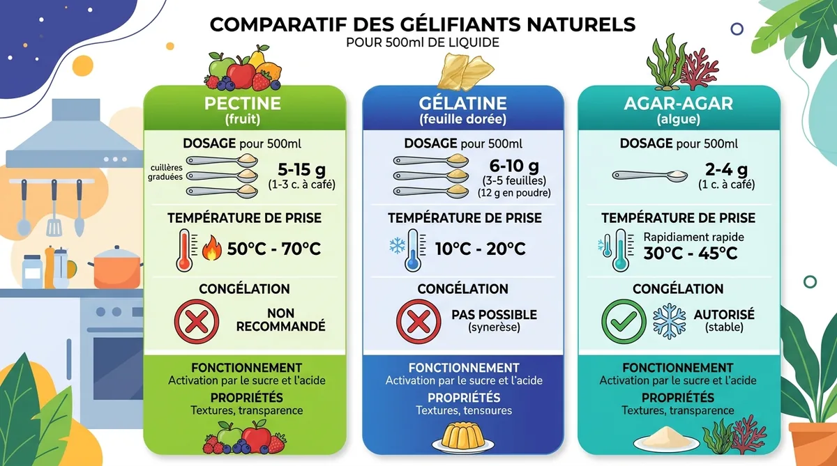 Tableau comparatif dosages pectine gélatine agar-agar pour remplacer la pectine