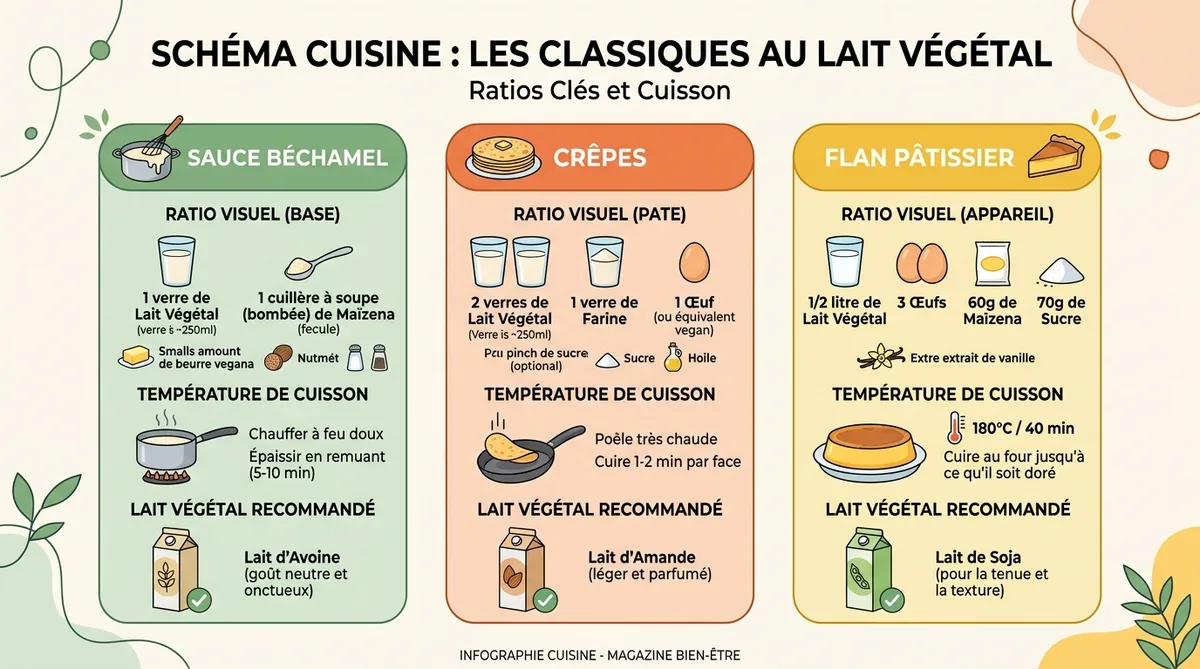 Infographie ratios substitution lait végétal béchamel crêpes flan