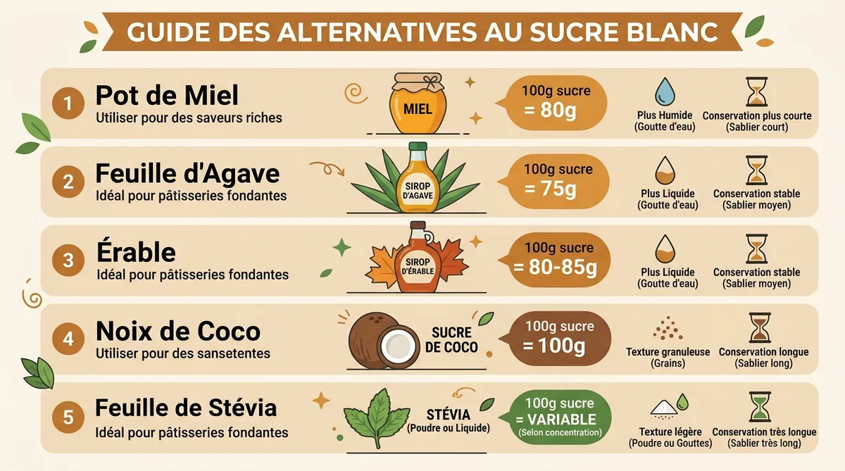 Tableau infographique des dosages pour remplacer le sucre dans les gâteaux