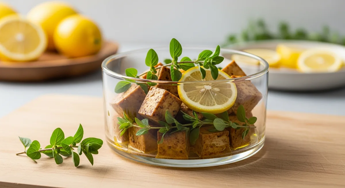 Bocal de tofu mariné aux herbes style feta vegan maison