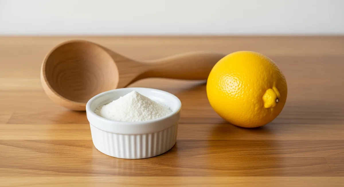 Poudre d'acide citrique et citron frais sur plan de travail