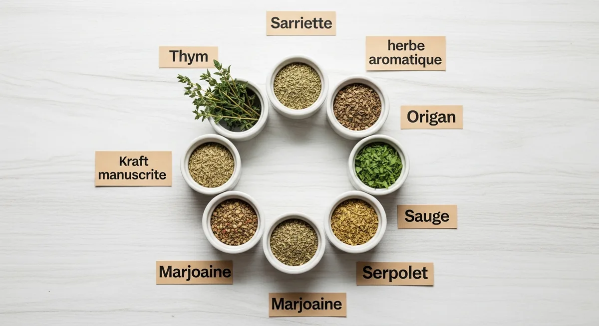 Bols d'herbes aromatiques alternatives au romarin : thym, origan, sarriette, sauge