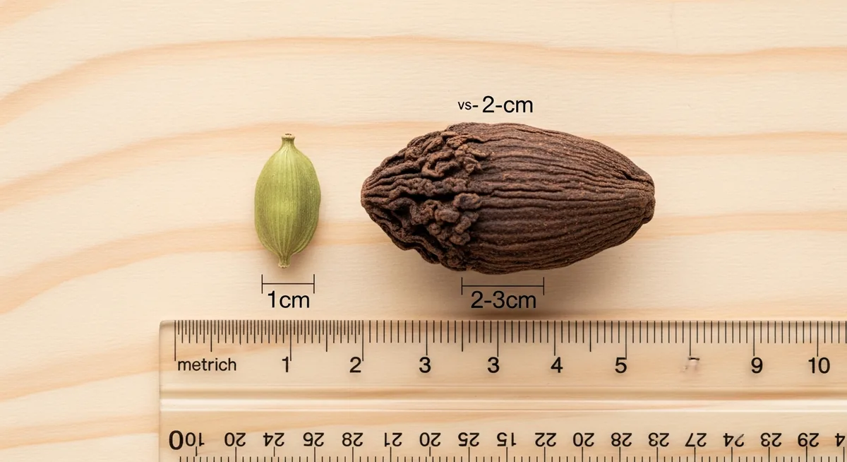 Différence taille cardamome verte et noire avec règle graduée