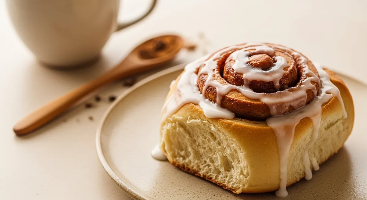 Cinnamon roll maison doré avec glaçage, exemple de recette à sauver sans cannelle