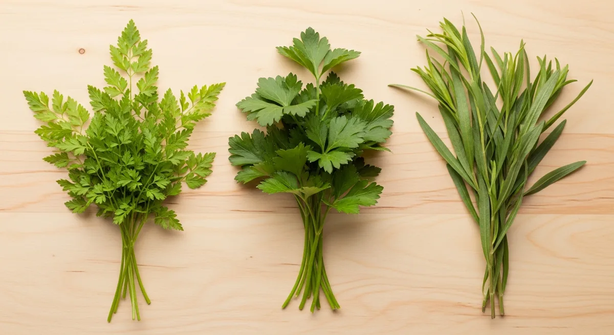 Comparaison visuelle cerfeuil persil plat et estragon frais