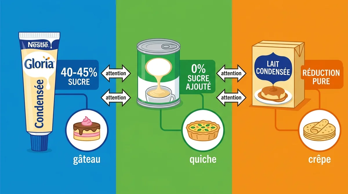 Tableau différence lait concentré sucré non sucré et évaporé visuel