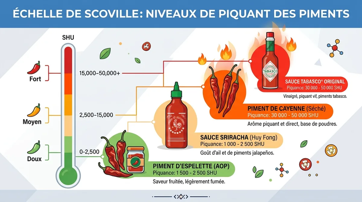 Échelle de Scoville comparant Tabasco Sriracha et Espelette