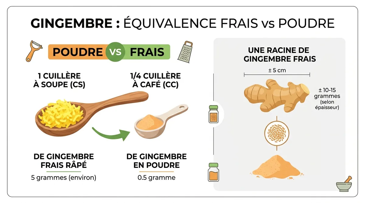 Tableau équivalence gingembre frais râpé et gingembre moulu mesures
