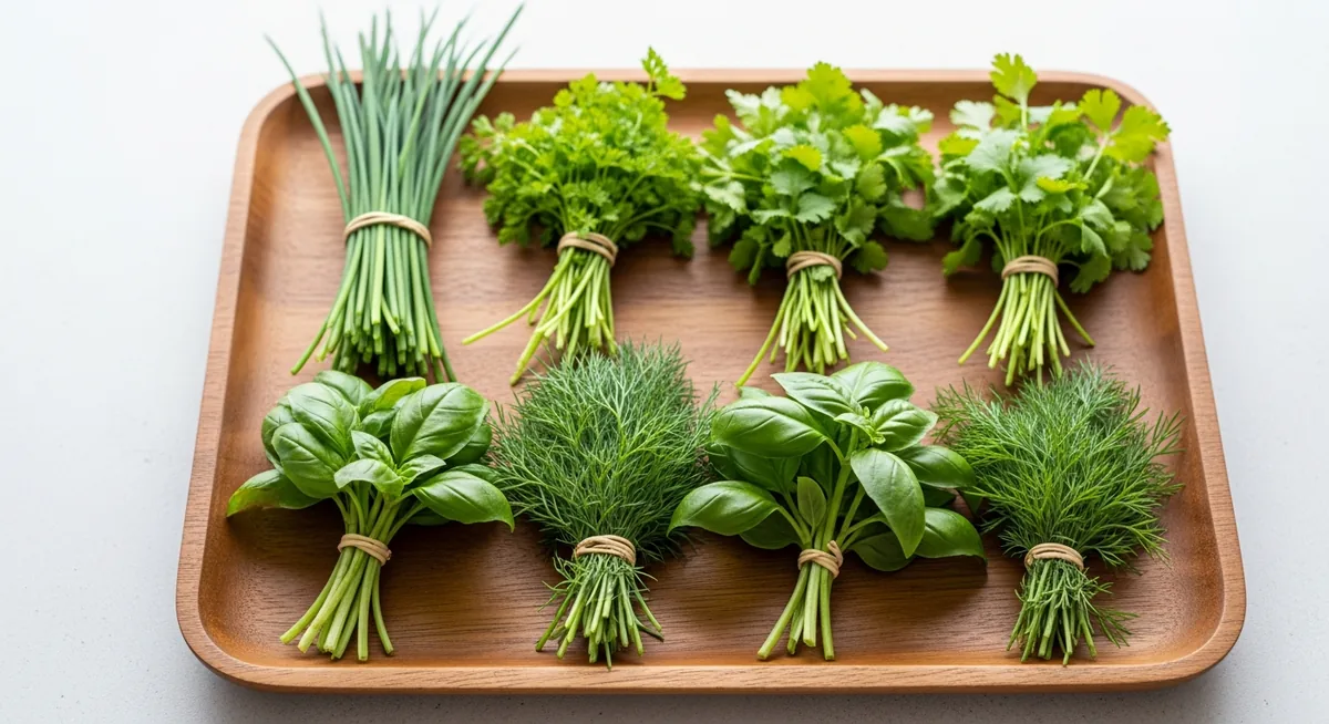 Plateau d'herbes fraîches alternatives au persil : ciboulette, cerfeuil, coriandre