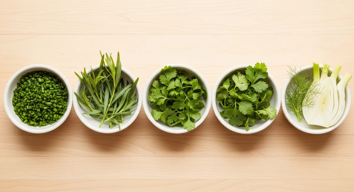 Cinq herbes alternatives à l'aneth présentées en bols : fenouil, ciboulette, estragon, persil, coriandre