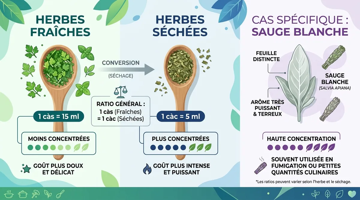 Infographie ratios substitution sauge fraîche contre séchée