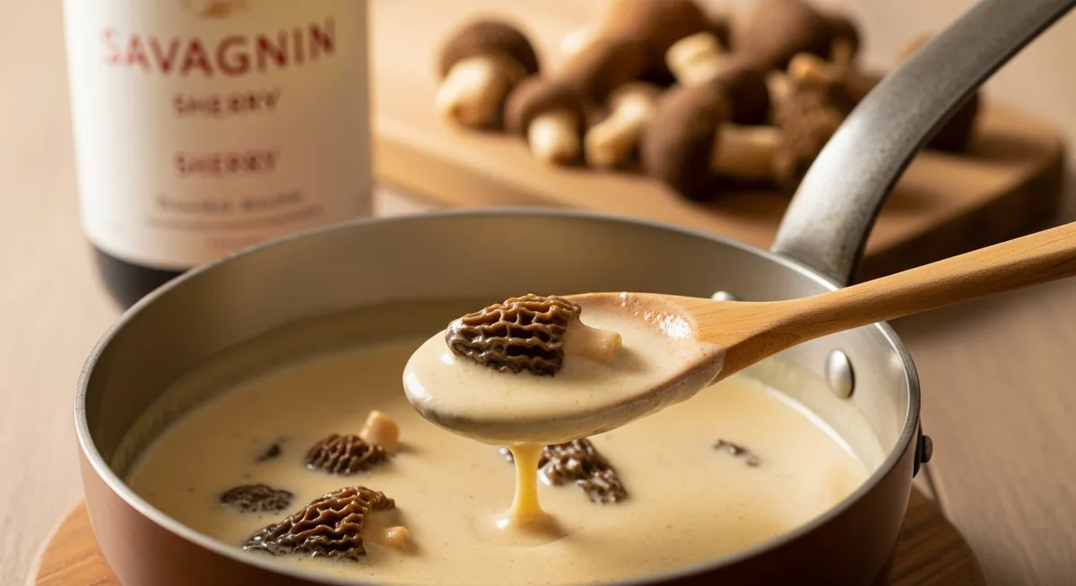 Sauce aux morilles en réduction dans casserole cuivre substitution vin jaune