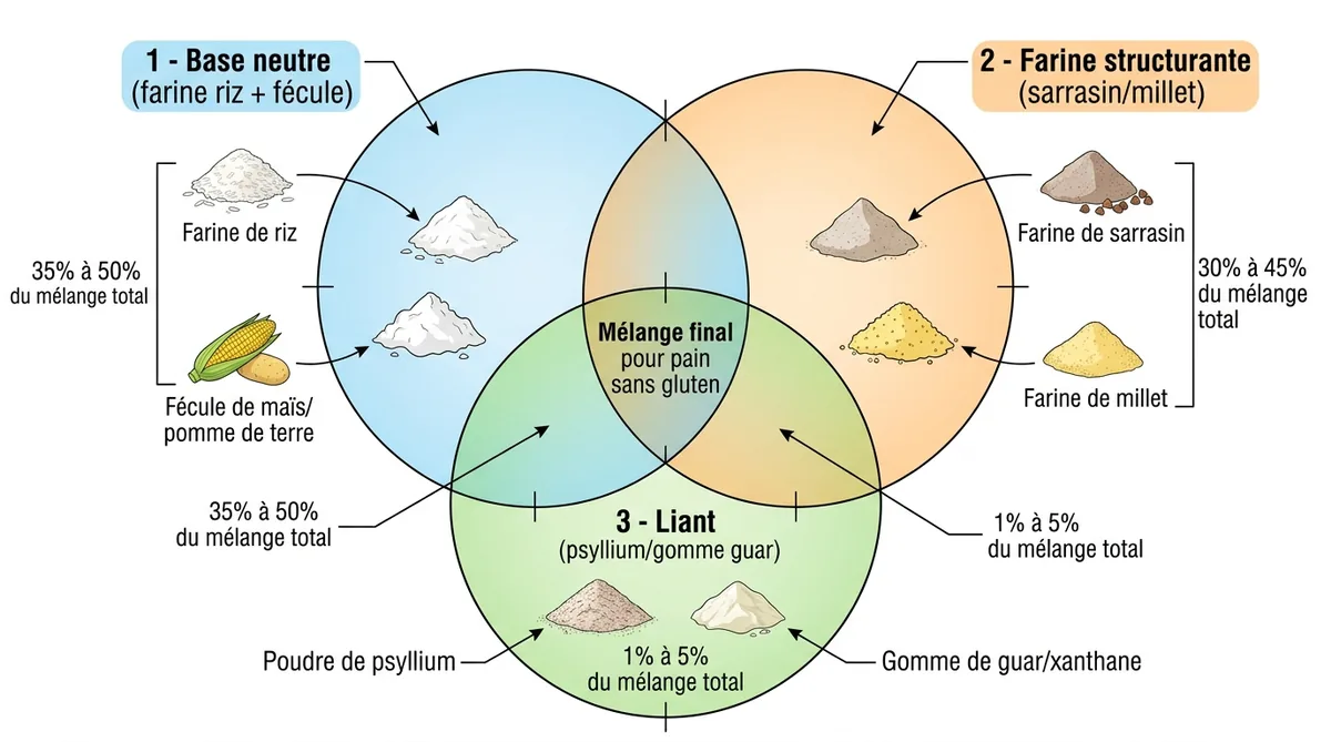 Schéma composition mélange farine sans gluten base structurant liant