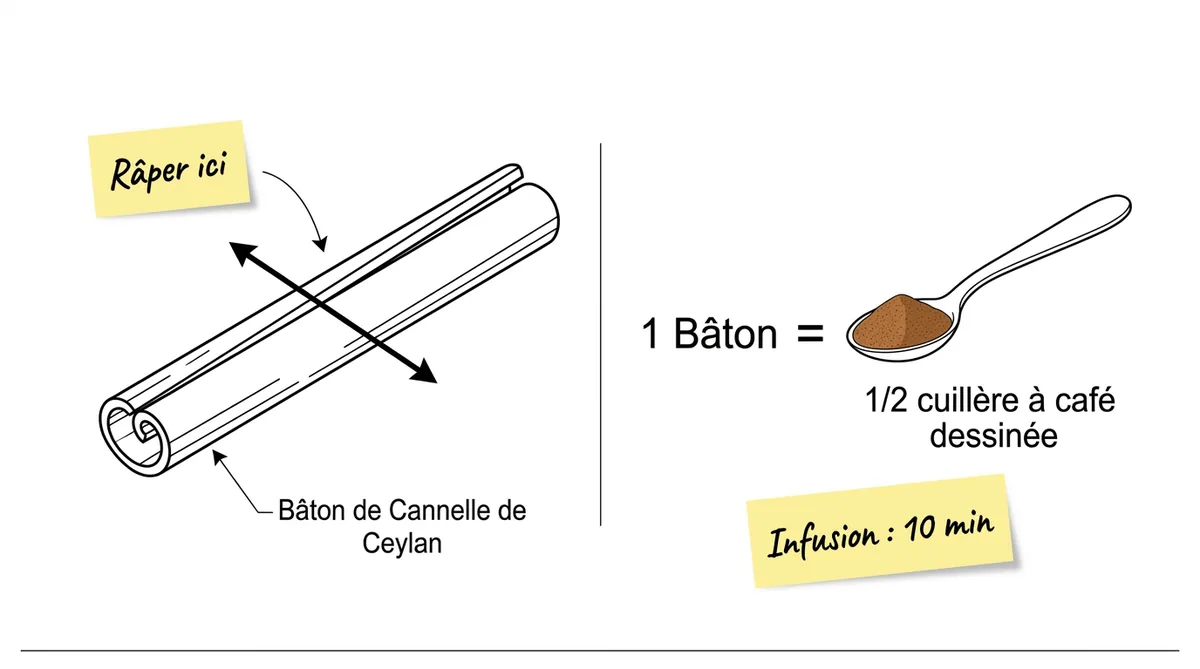 Schéma technique conversion bâton de cannelle râpé en poudre et sens de râpage