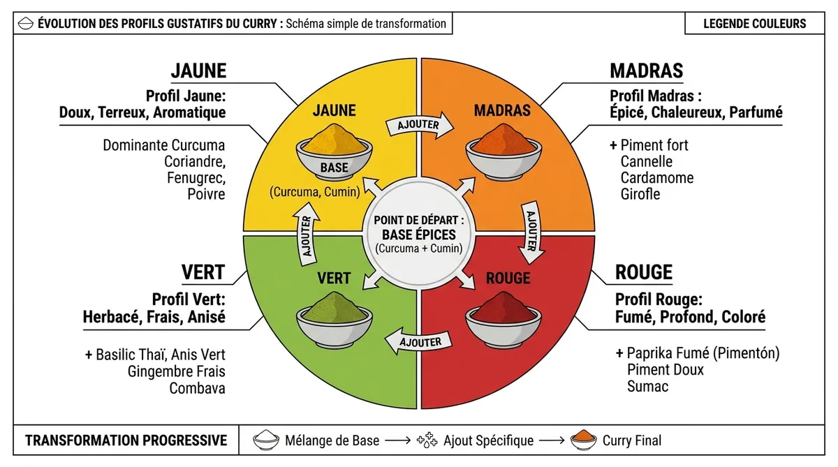Schéma des adaptations selon types de curry jaune madras rouge vert