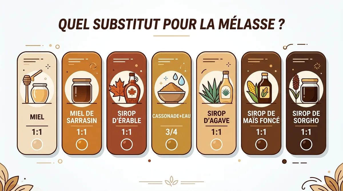 Infographie comparative des substituts de mélasse avec ratios et impact couleur