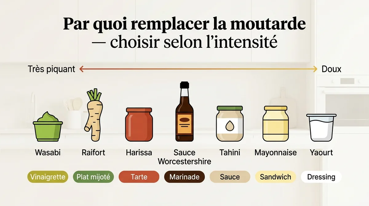 Infographie échelle piquant des 7 substituts pour remplacer la moutarde en cuisine