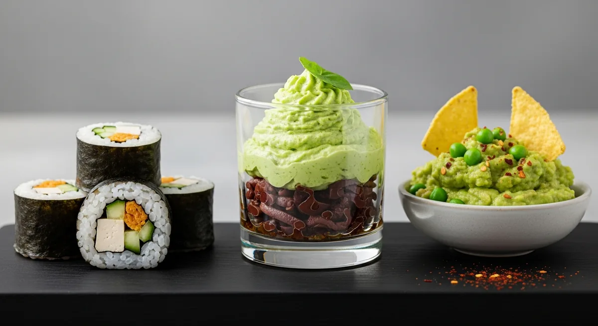 Sushis, verrine et guacamole de petits pois sans avocat