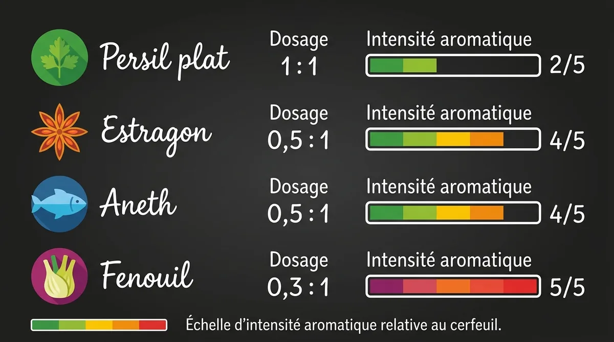 Tableau dosages équivalents cerfeuil persil estragon aneth intensité