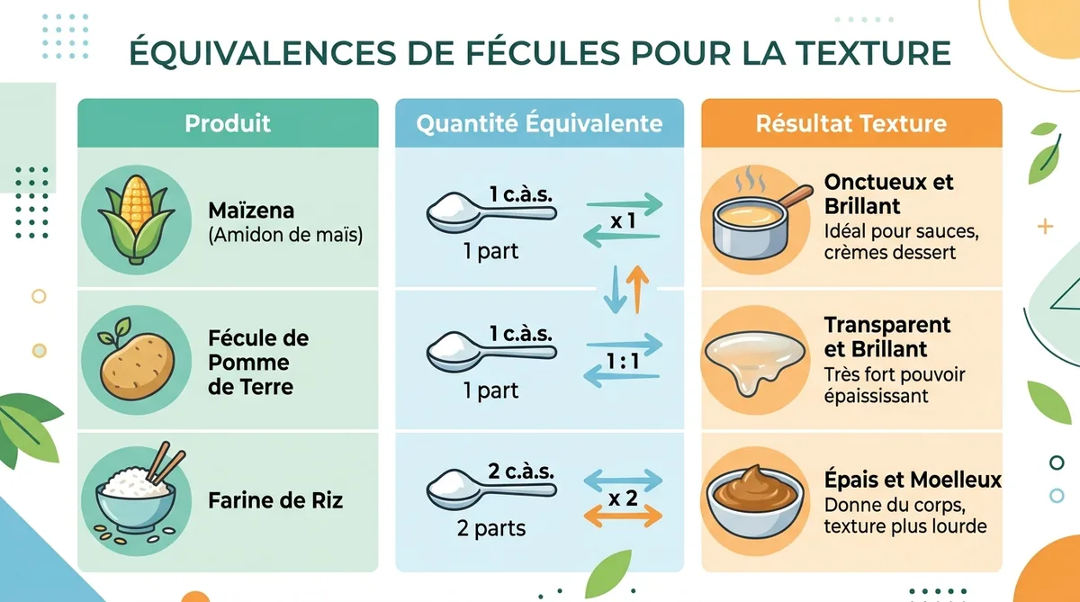 Tableau équivalences farine de riz fécule maïs pomme de terre ratios substitution
