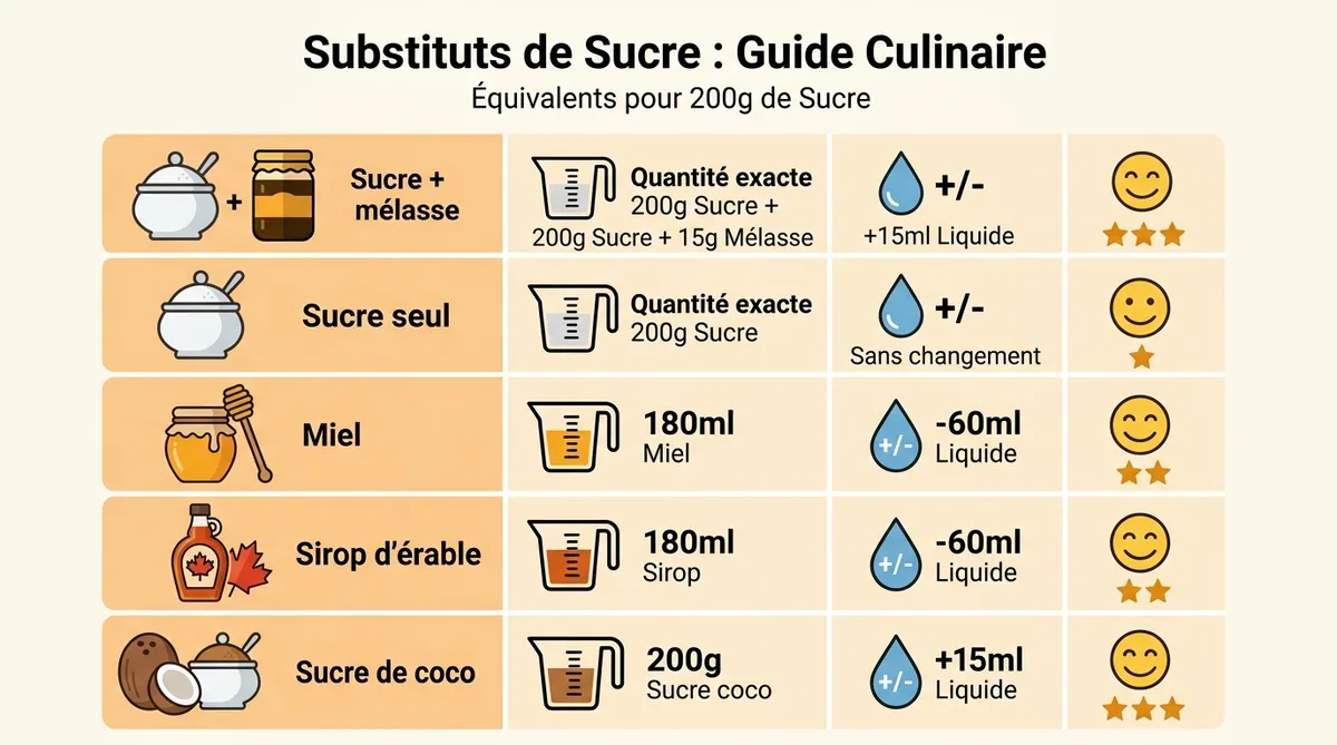 Tableau comparatif des substituts de cassonade avec ratios et ajustements
