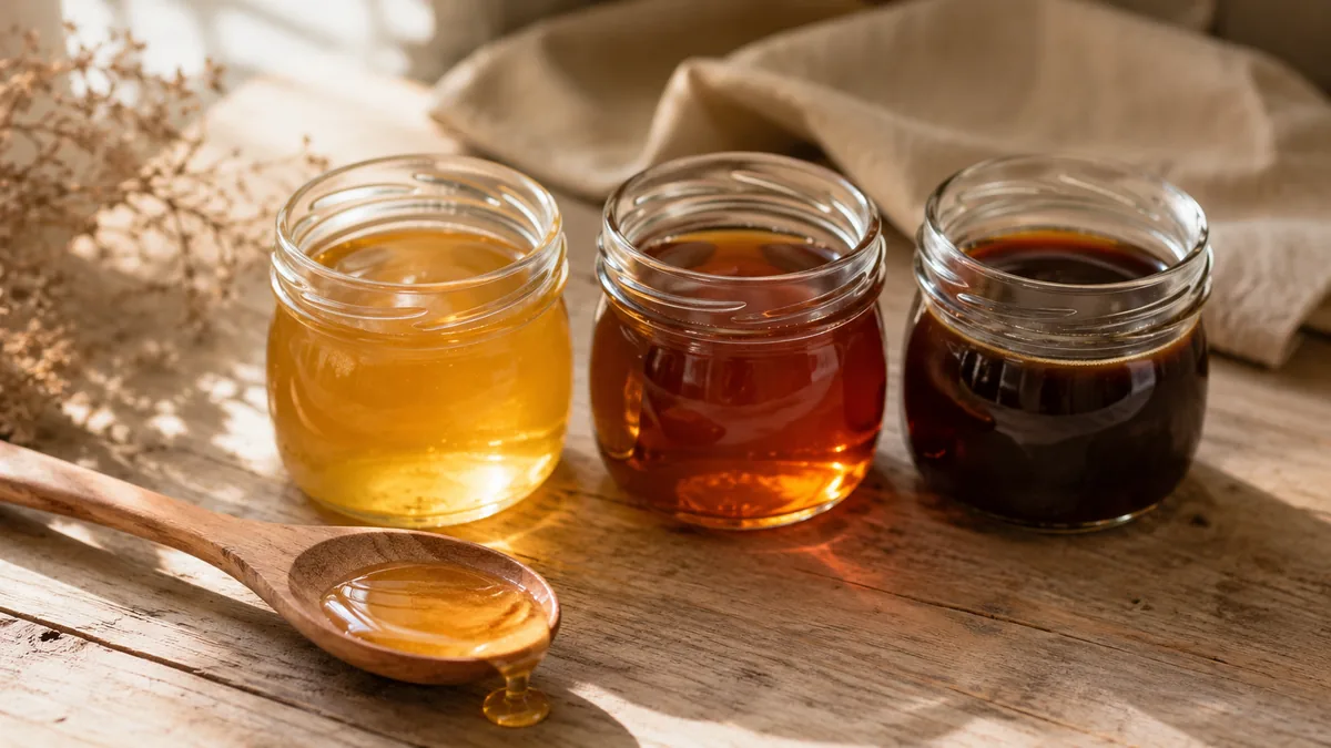 Trois bocaux de miel, sirop d'érable et sirop de yacon sur table en bois