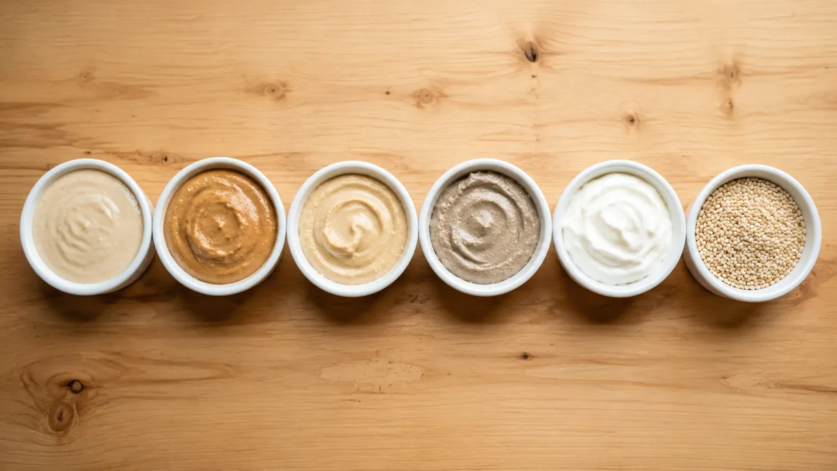 Six alternatives au tahini présentées dans des bols : amandes, cacahuète, cajou, tournesol, yaourt et graines de sésame
