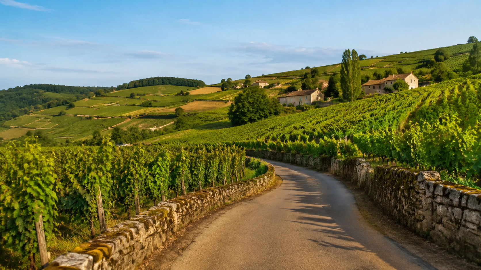Route de campagne entre les vignes du Beaujolais