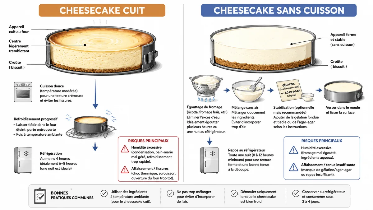 Schéma des étapes pour la tenue d'un cheesecake cuit ou sans cuisson