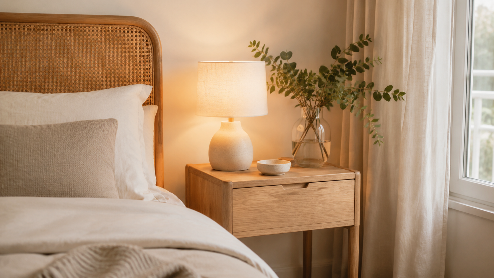 Table de chevet en bois dans une chambre lumineuse avec lampe posée sur le plateau
