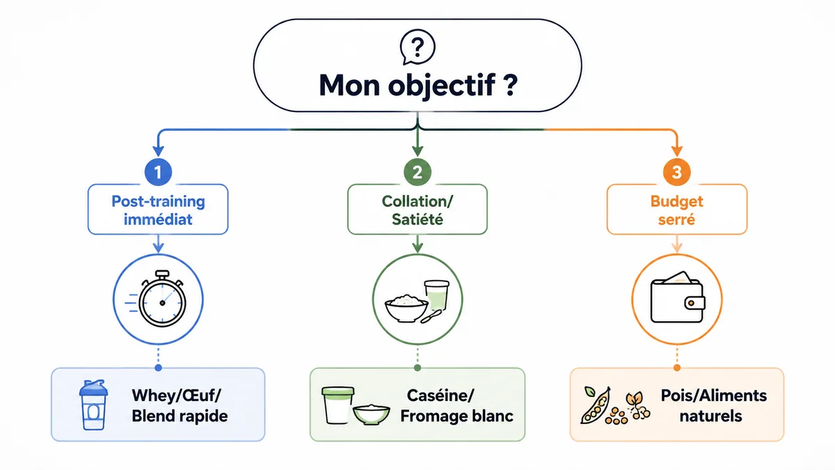 Schéma choisir protéine selon objectif sportif post training satiété budget