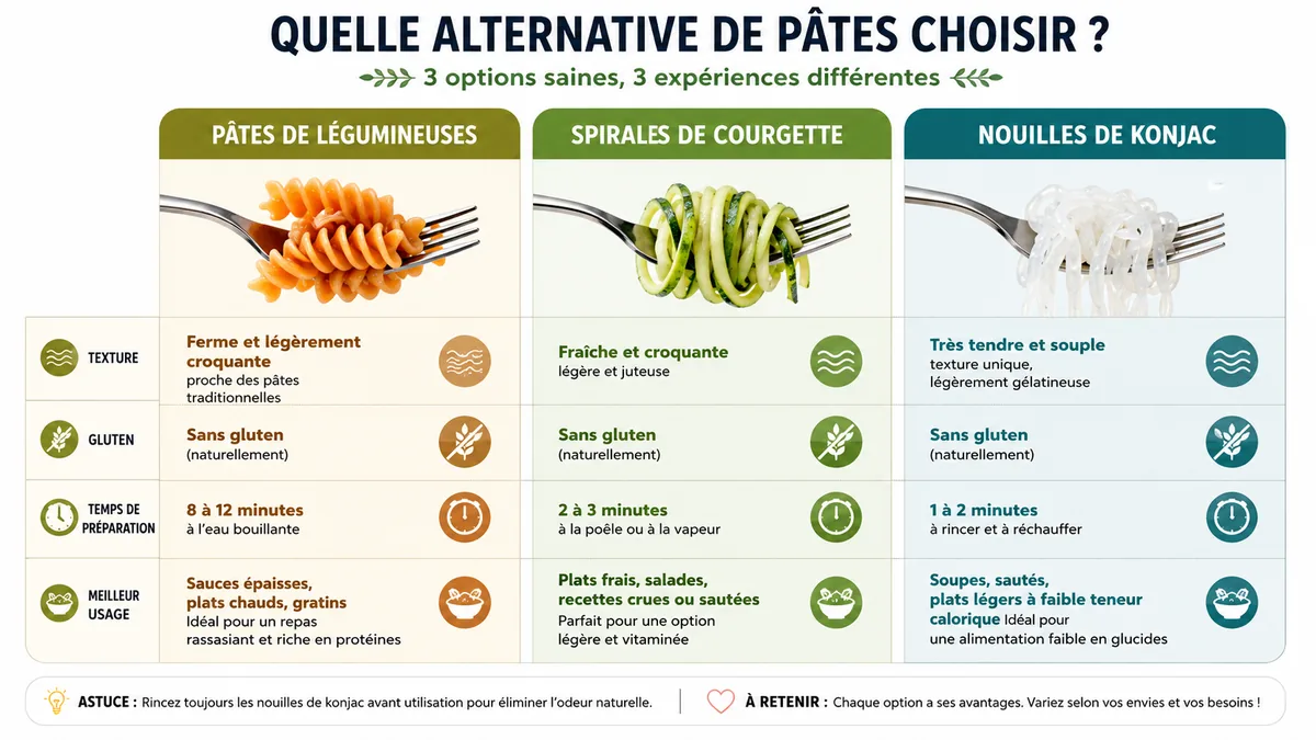 Comparatif pâtes de légumineuses, courgette et konjac