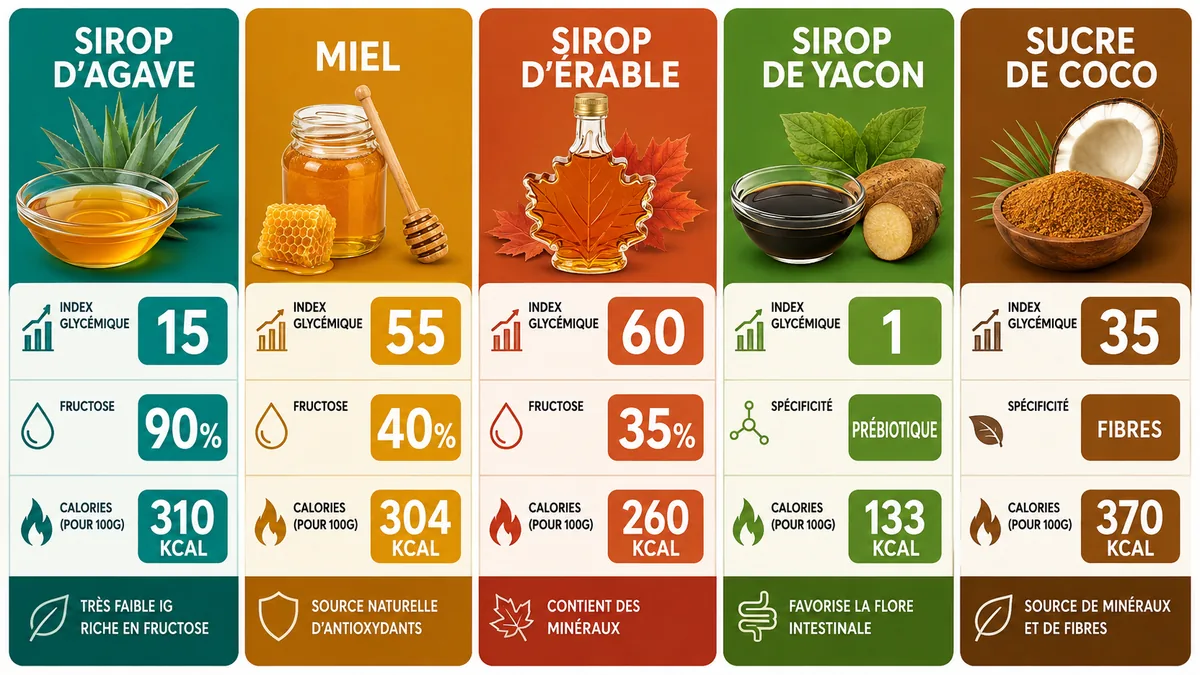 Tableau comparatif indices glycémiques et teneur en fructose des alternatives au sirop d'agave