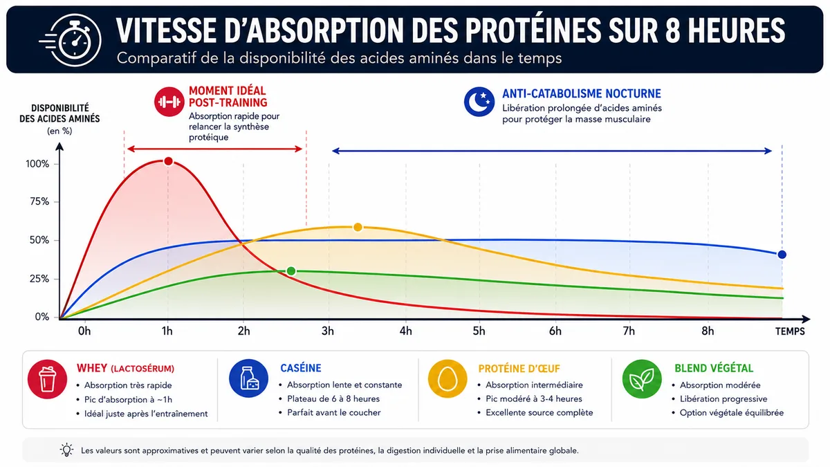 Comparatif vitesses d'absorption protéines whey caséine œuf et végétales