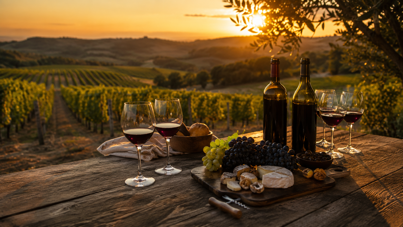 Dégustation de vin dans un vignoble français au coucher du soleil
