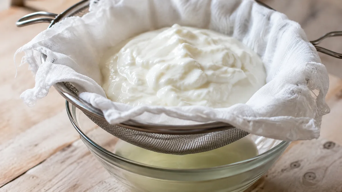 Yaourt égoutté dans une passoire tapissée d'un linge pour faire du fromage blanc maison