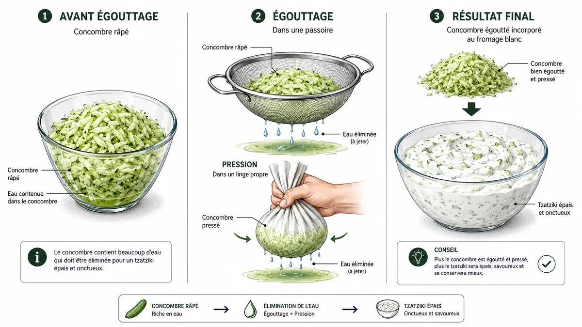 Étapes pour égoutter le concombre du tzatziki