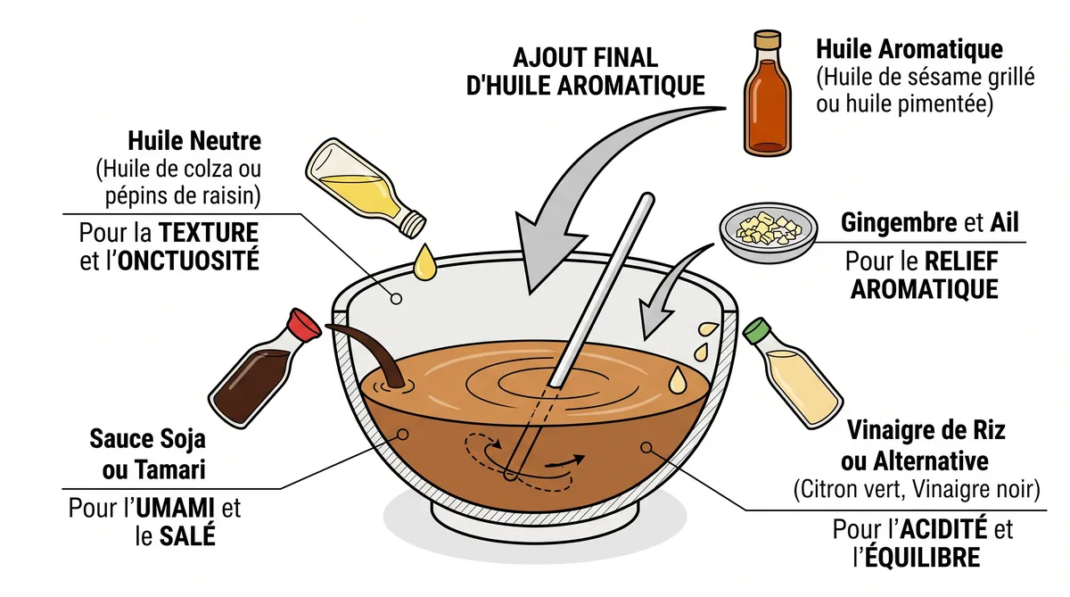 Schéma pour équilibrer une sauce asiatique sans sésame