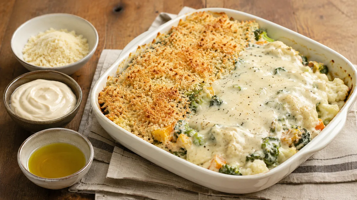 Gratin sans fromage avec chapelure dorée et crème végétale