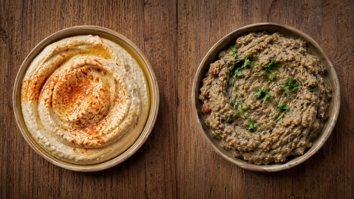 Comparaison texture houmous lisse et caviar d'aubergine rustique sans tahini