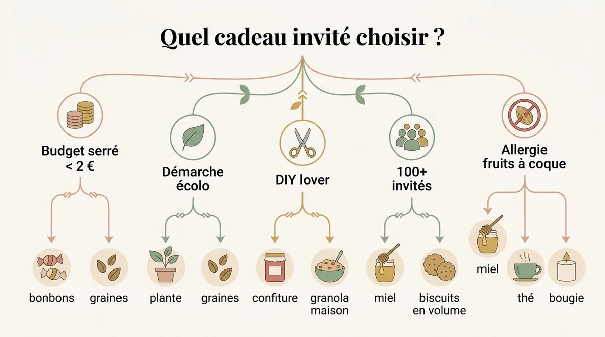 infographie arbre de décision choisir cadeau invité remplacer dragées selon profil