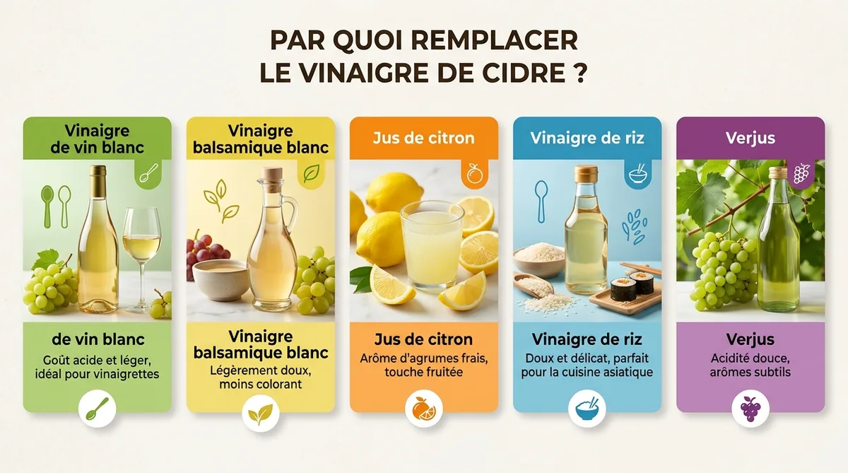 Infographie récapitulative des substituts au vinaigre de cidre avec dosages