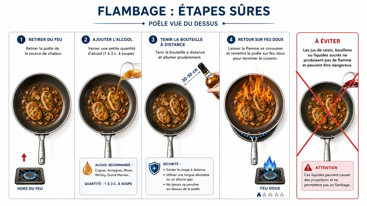 Schéma des étapes sécurisées pour flamber une sauce