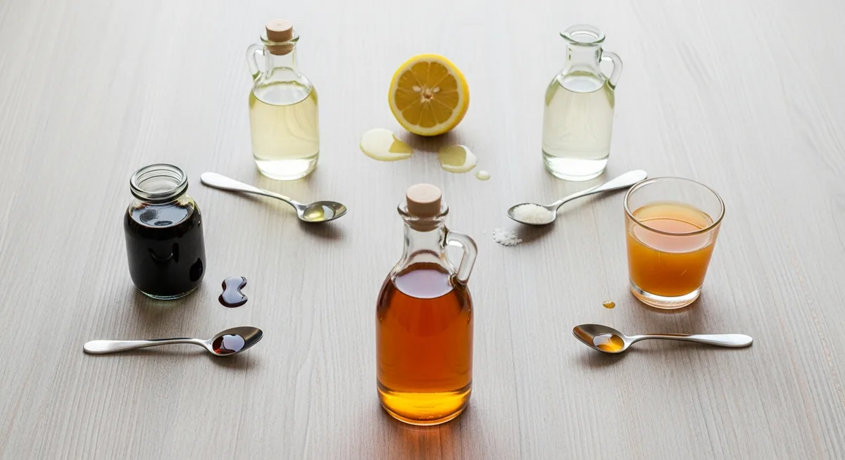 5 substituts au vinaigre de cidre disposés avec leurs dosages en cuillères à soupe