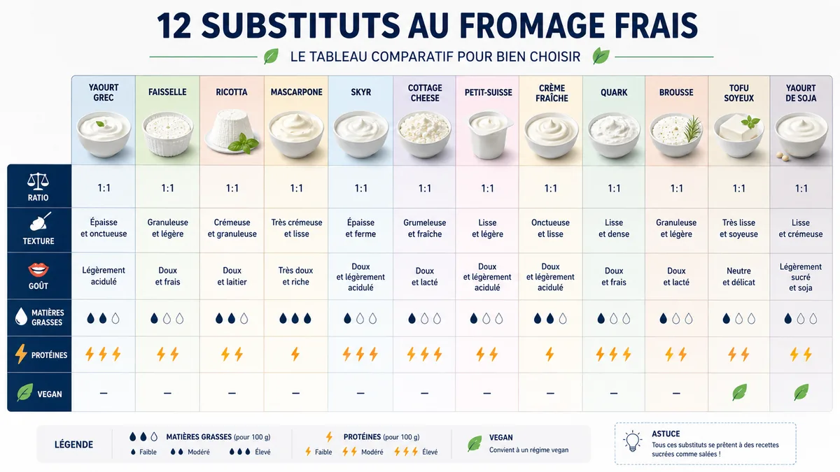 Tableau comparatif des alternatives au fromage blanc avec ratios et valeurs nutritionnelles