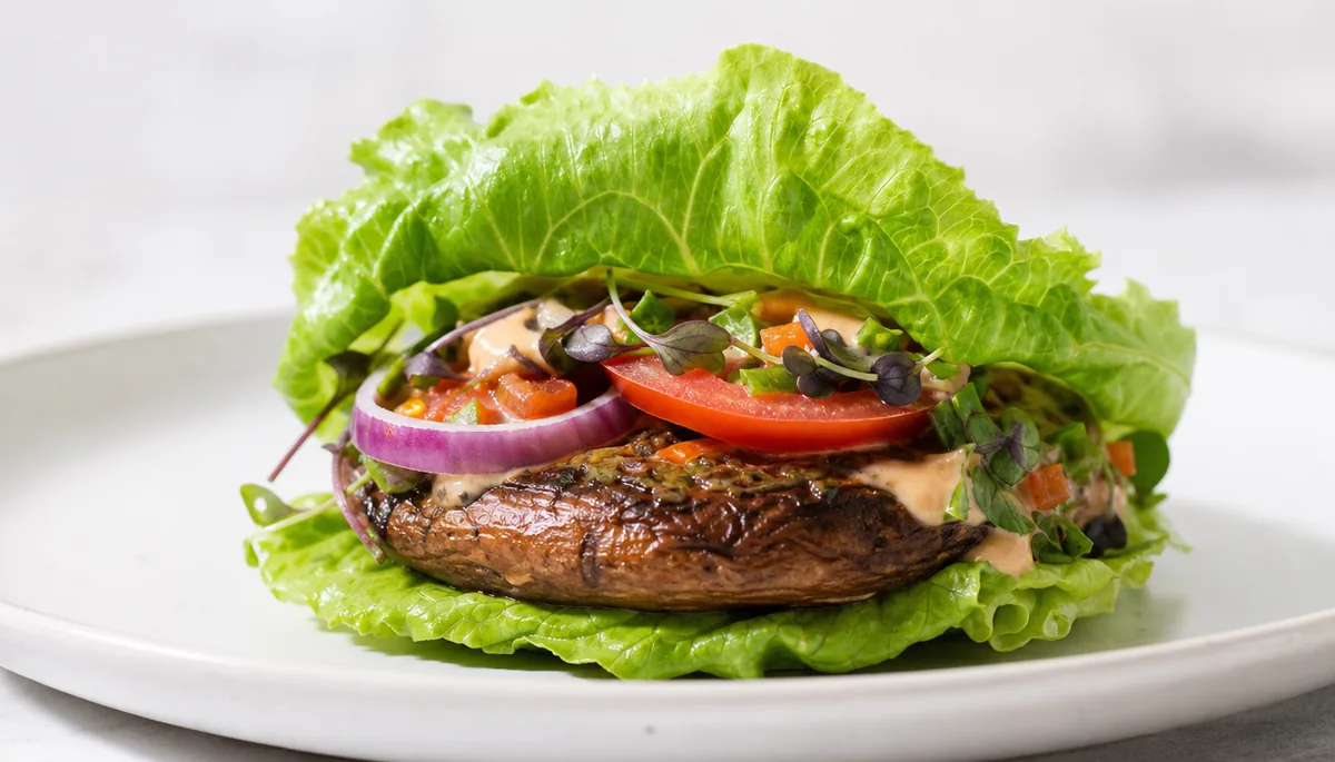 Burger sans pain avec feuilles de salade et champignon portobello grillé