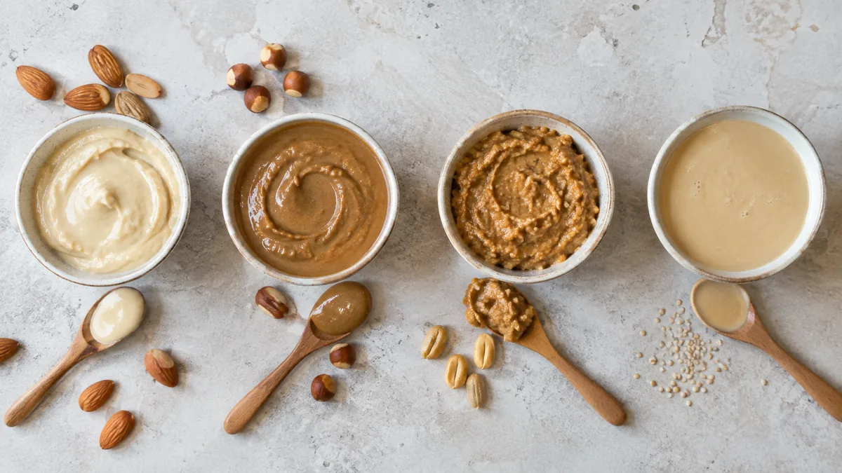 Comparaison visuelle purée d'amande, noisette, cacahuète et tahin dans des bols