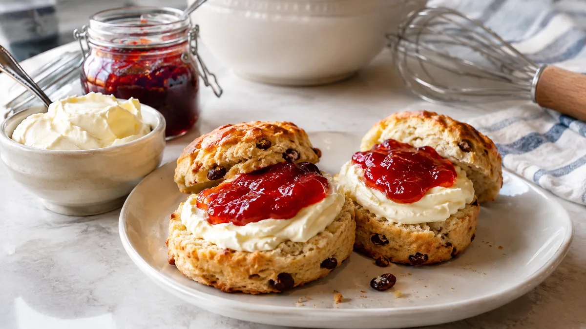 Fausse clotted cream au mascarpone servie avec des scones